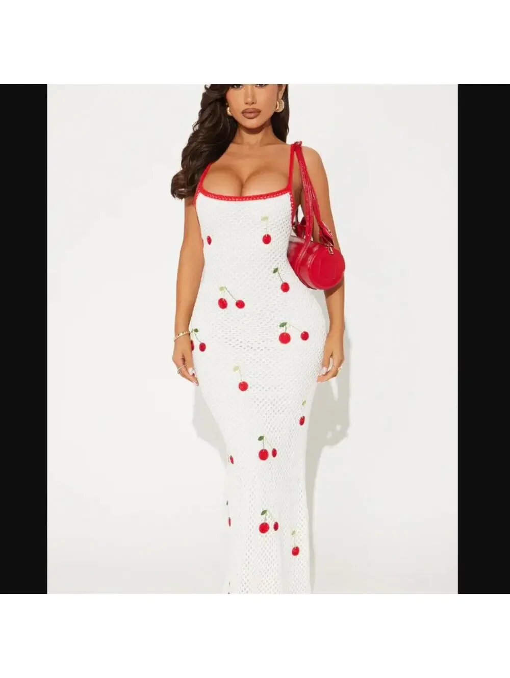 Sweet Girl Cherry Crochet Fruit Print Knit Maxi Dress White Red Size Large